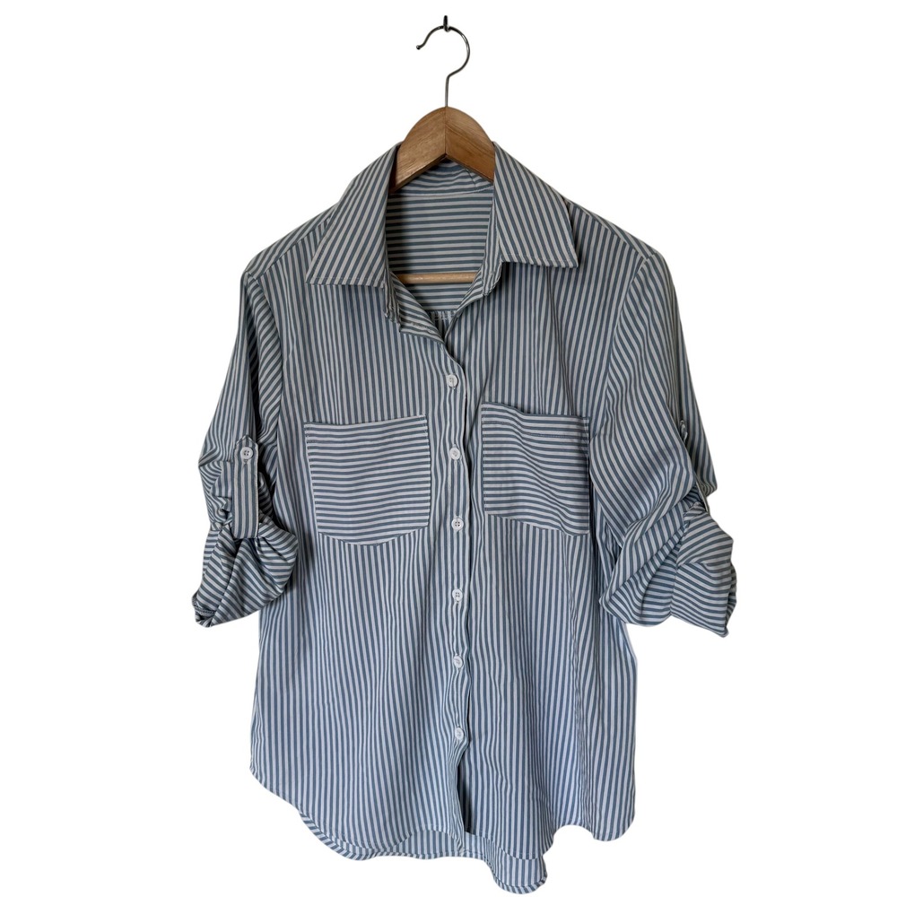 Unbranded Striped Button Down Women Small Blue Excellent Roll Tab Sleeve D9WV751